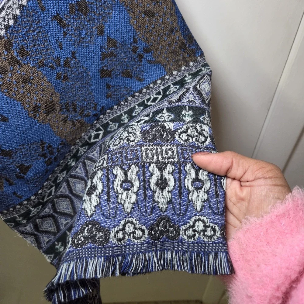 Blue Black Tribal Jacquard Woven Scarf Fringe Boho Southwestern Shawl 24